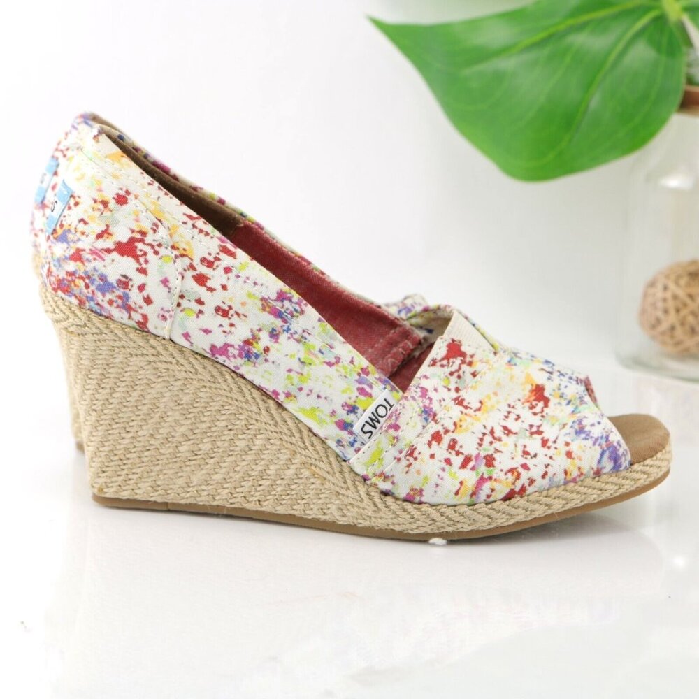 TOMS Womens Bernardo Pump‎ Size 9 White Red Splash Canvas Open Toe Wedge Heel
